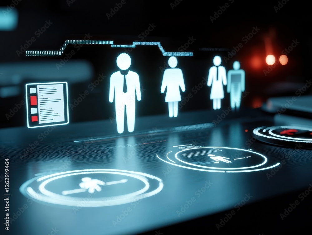 Poster a digital interface displays holographic figures and data metrics, representing people and analytics