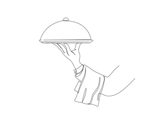 Continuous one line drawing of hand holding tray. Waiter hand holding tray  in single line draw illustration. Editable stroke.