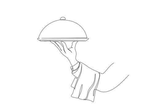 Continuous one line drawing of hand holding tray. Waiter hand holding tray  in single line draw illustration. Editable stroke.