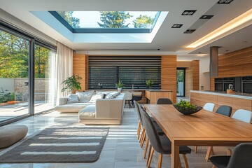 Fototapeta premium Modern living room and kitchen design featuring natural light and open space in a contemporary home