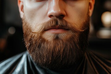 Obraz premium Close-up of a man's face with a well-groomed mustache and beard at a barbershop