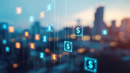 Fototapeta premium A digital cityscape with floating dollar signs, symbolizing finance, technology, and the future of money in an urban environment.
