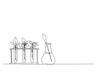 Continuous one line drawing of microscope and laboratory test tube equipment. Research and science concept in single line draw illustration. Editable stroke.