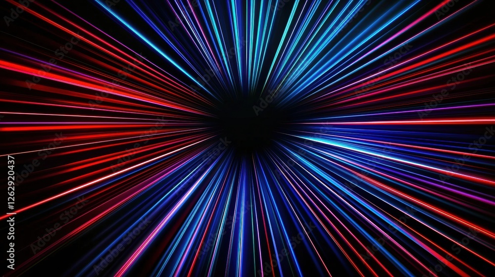 Poster dynamic red and blue light trails create a starburst effect on a black background, evoking a sense o