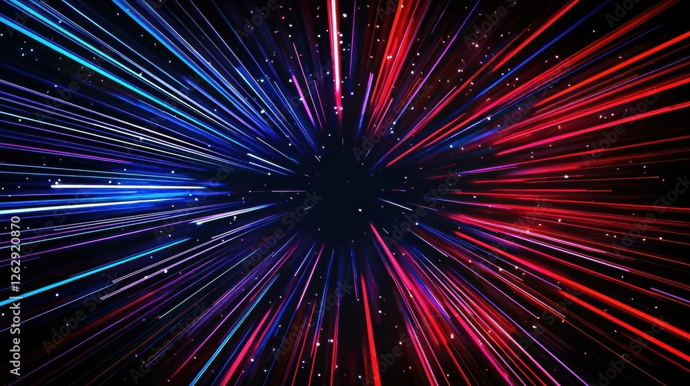 Poster vibrant red and blue light streaks create a dynamic motion blur effect on a black background, evokin