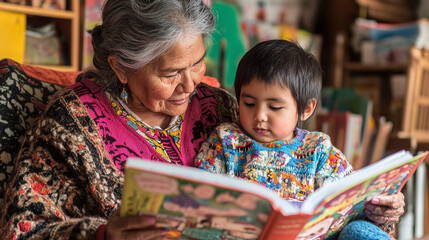A child reading a picture book in their native language, sitting on the lap of a grandmother, 