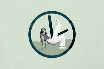 Exclusive art banner collage of happy hipster girl dance inside clock time limit expire deadline...