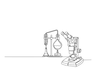 Continuous one line drawing of microscope and laboratory test tube equipment. Research and science concept in single line draw illustration. Editable stroke.