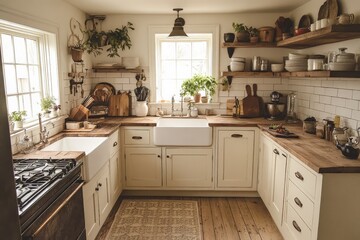 Fototapeta premium Cozy kitchen with rustic decor and natural light illuminating countertops and shelves