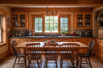 Cozy rustic kitchen with wooden decor and large dining table in a peaceful home setting