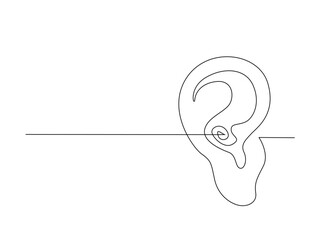 Continuous one line drawing of human ear anatomy. Human ear in single line draw illustration. Editable stroke.