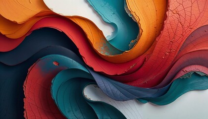"An abstract background design featuring layers of organic shapes in bold colors such as crimson, teal, and mustard, with smooth textures and gradient transitions, presented in ultra-realistic 8k reso