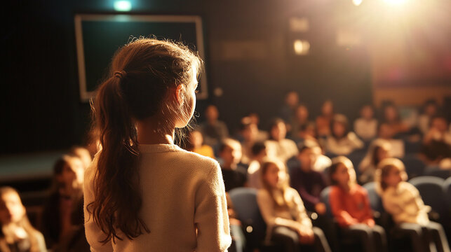A child reciting a poem to their classmates in a school auditorium, with an encouraging teacher and attentive students, highlighting the role of poetry in education and self-expression