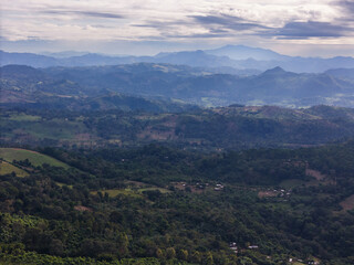 Vast green landscape with mountains in distance during early morning light