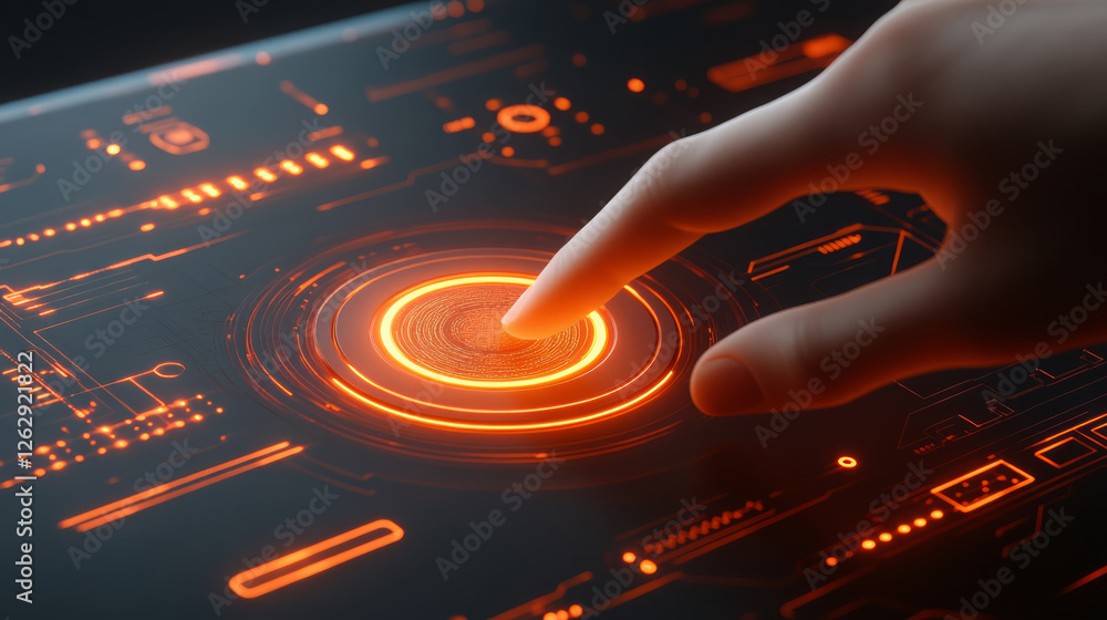 Poster close up of hand pressing glowing circular button on futuristic interface, showcasing advanced techn