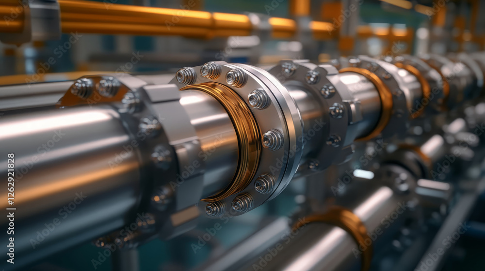 Poster close up of hydrogen pipeline system showcasing metallic pipes and fittings, emphasizing industrial 