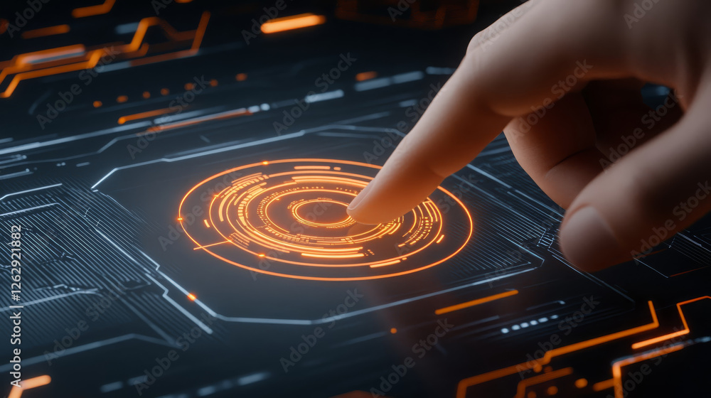 Poster close up of hand pressing glowing circular button on futuristic interface, showcasing advanced techn