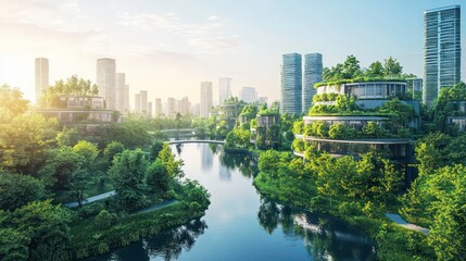 Obraz premium Eco-friendly city skyline at sunrise with lush greenery, river, and modern architecture.