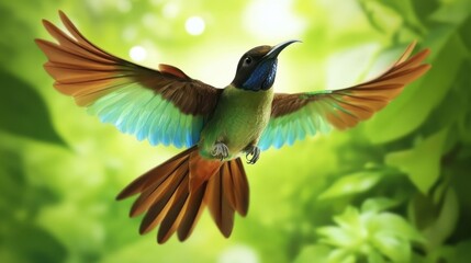 Vibrant Hummingbird in Flight Against a Lush Green Background