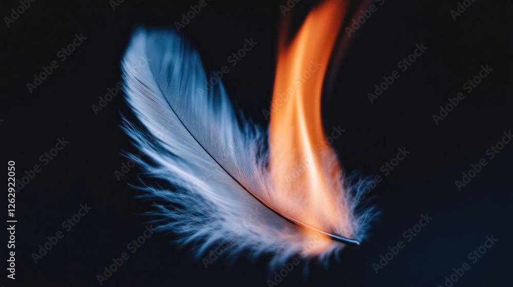 Poster a feather with a flame, symbolizing transformation and contrast between softness and intensity.