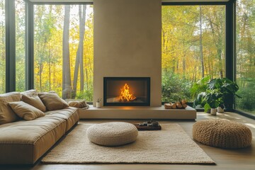 Cozy autumn living room with fireplace and large windows offering nature views in tranquil setting