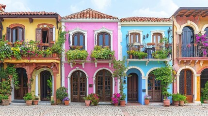 Colorful houses, flower boxes, cobblestone street, town square, travel postcard