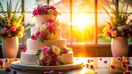 Pink roses bloom in silhouette against a multi-tiered wedding cake, an elegant dessert dream.