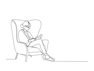 Continuous one line drawing of woman reading book on the armchair. A man reading book in single line draw illustration. Editable stroke.