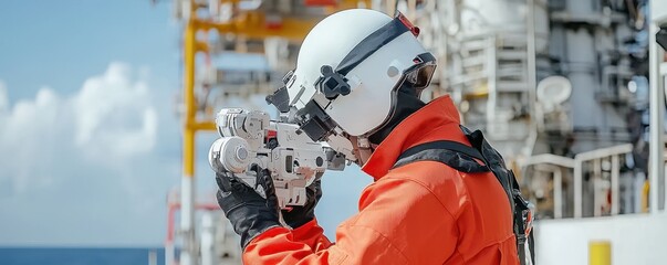 Fototapeta premium A technician in safety gear operates equipment on an offshore platform, highlighting the importance of safety in marine operations.