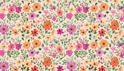 hand painted floral pattern with orange and pink wildflowers on a cream background for fabric, wallpaper, and decor