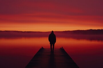 Silhouetted figure on a wooden dock at sunset over a lake.  Possible use Stock photo