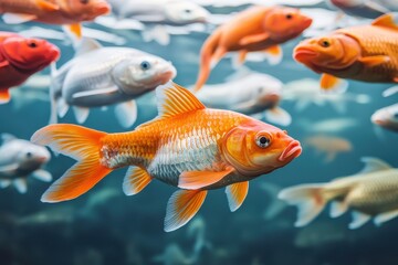 Fototapeta premium A vibrant underwater scene featuring a group of goldfish swimming, with a focus on a striking orange goldfish in the foreground.