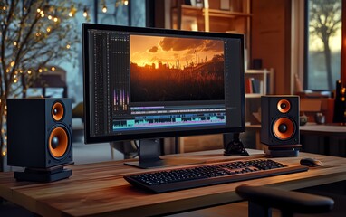 PC monitor showing video editing software, speakers and keyboard on wooden desk, home office at evening time, warm lighting