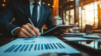 professional businessman reviewing feedback ratings, service satisfaction assessment, employee performance evaluation, positive survey results