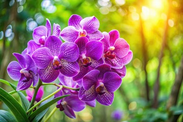 Purple orchids burst into bloom, their beauty captured in a lush garden setting; a breathtaking floral photograph.