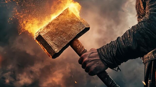 Fiery Hammer of Power:  A close-up shot of a hand tightly gripping a massive, fiery hammer, flames licking at the metal head, creating an intense, raw image of power and determination. 