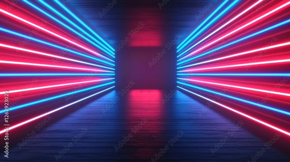 Poster dynamic neon tunnel featuring red and blue glowing light streaks creating a captivating vanishing pe