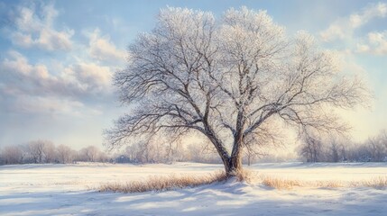 snow, its frosted branches catching the pale light of a cold winter afternoon, creating a picture of serenity