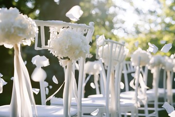A photo of white wedding chairs with ribbons on the backs and small bouquets tied to them at an outdoor
