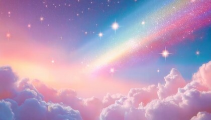 Fototapeta premium ethereal pastel dreamscape with pink clouds, rainbow light, and glowing stars for fantasy art, background, and design