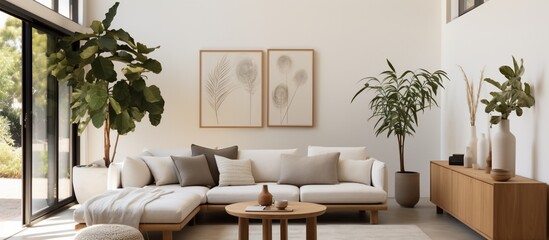 Modern living room interior featuring a cozy sofa, plants, and minimalistic decor