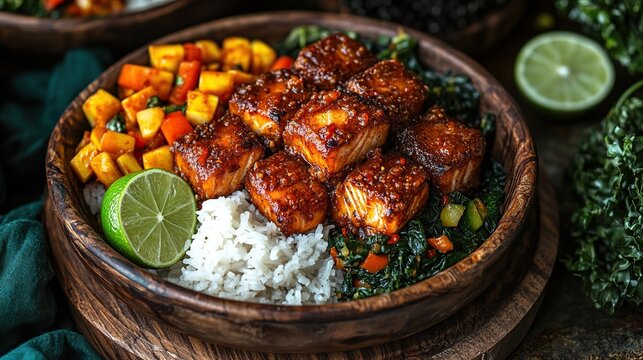 A bowl of Indonesian ikan gurami with spicy sambal and vegetables, served in a traditional wooden bowl with lime
