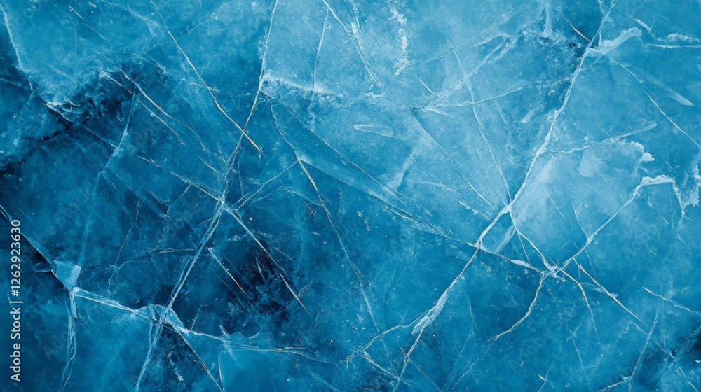 Poster close up view of a frozen lake surface revealing intricate cracks and textures, creating an abstract