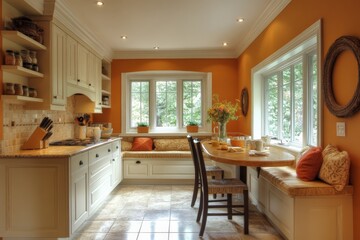Cozy kitchen with orange walls and natural light, featuring a dining area and window seat, perfect for family gatherings