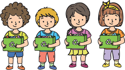 Happy Children Holding Recycling Boxes - Eco-Friendly and Sustainability Awareness Illustration