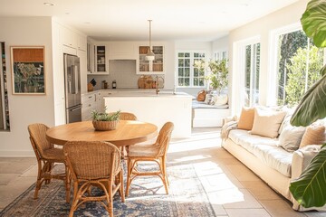 Bright and airy modern kitchen and dining area with natural light in a contemporary home