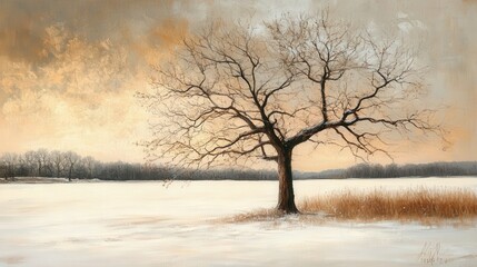 The lone tree, with its bare branches dusted in snow, stands elegantly against the muted hues of a winter sky