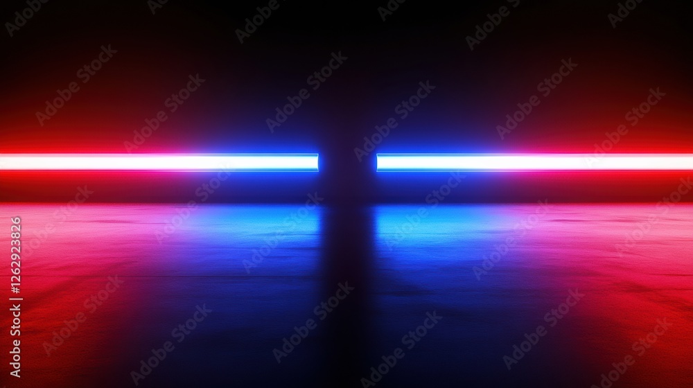 Poster Symmetrical composition of red and blue light trails on a black background, creating a high-speed motion blur with a neon lighting effect
