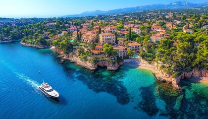 aerial view of Mediterranean island village, oceanfront town houses, boat on water, coastal cliff, summer cityscape, panoramic coastal landscape