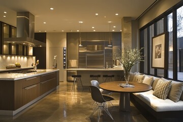 Modern kitchen design featuring an elegant dining area and sleek appliances in a spacious interior